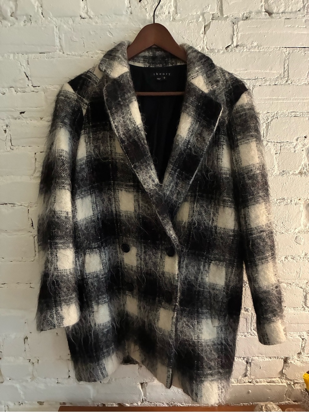 Theory Black & White Plaid Wool-Blend Double-Breasted Coat